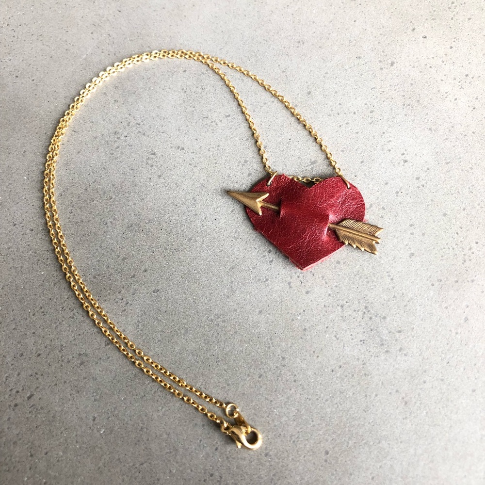 Chic Red Leather Heart & Arrow Necklace